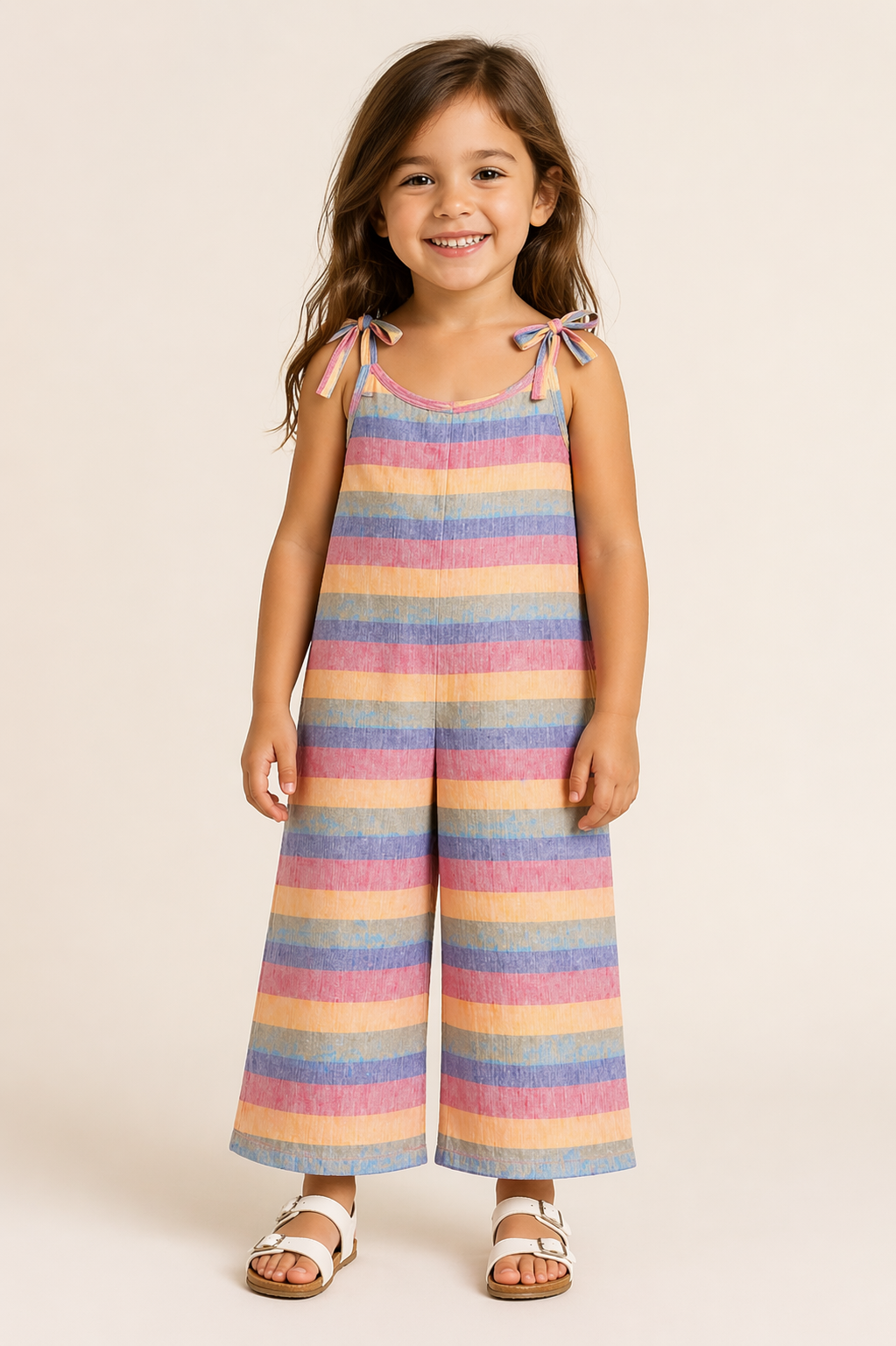 1-Piece Pop Jump Set for Girls – Pastel Striped Tie-Shoulder Jumpsuit