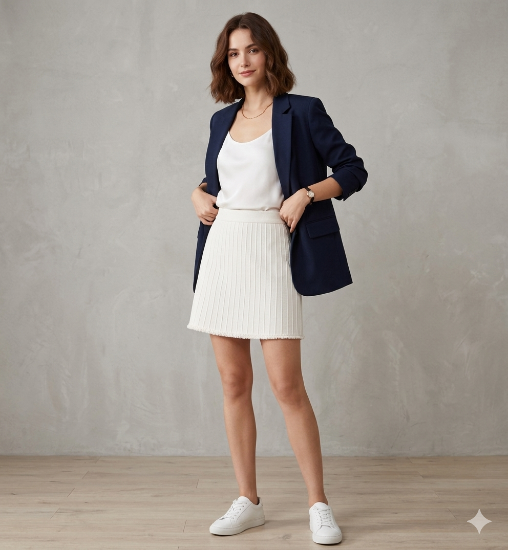Navy Blazer, White Top &amp; Pleated Skirt Outfit Sewing Pattern