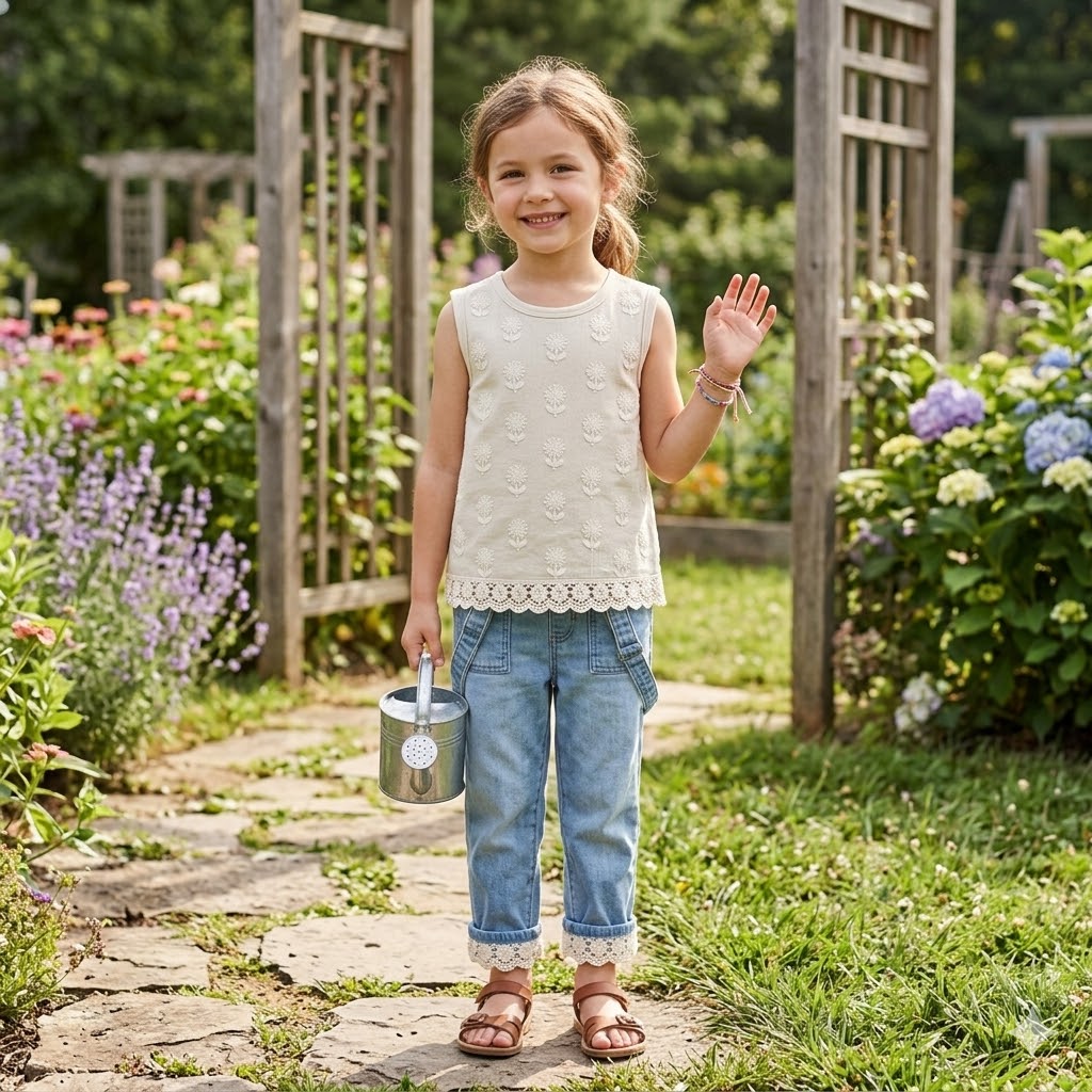 Everyday Playful Outfit: Embroidered Cream Top, Denim Pants, and Brown Sandals