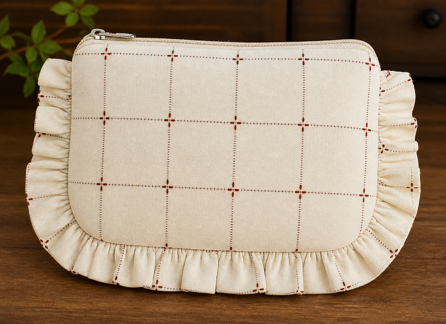 Chic Cream Check Ruffle Cosmetic Pouch Sewing Pattern