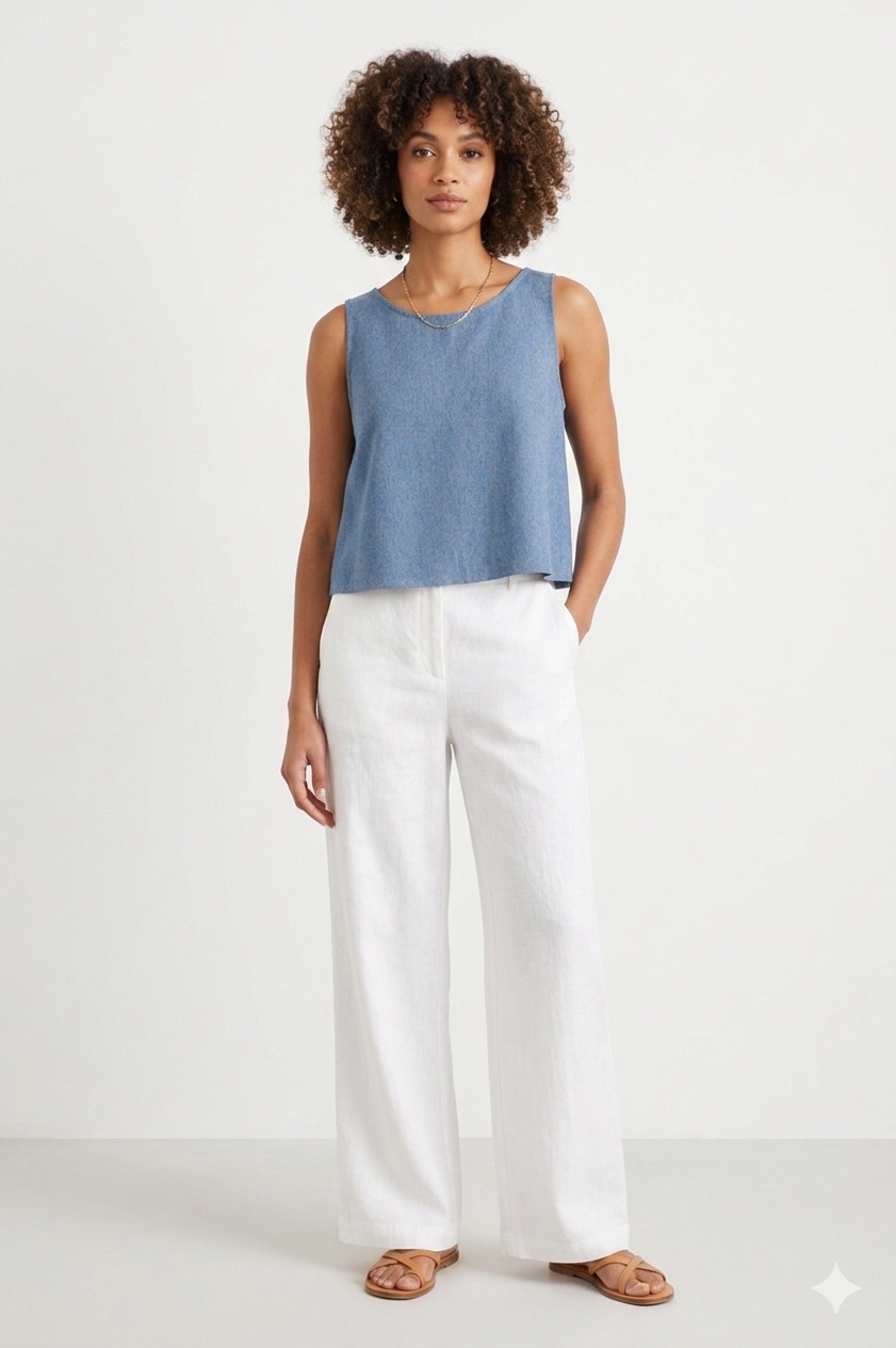Sleeveless Blue Top &amp;amp; Flowy White Wide-Leg Pants Sewing Pattern