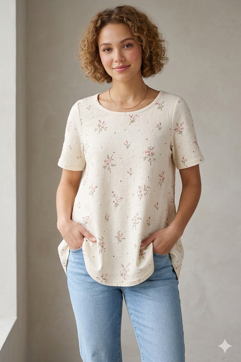 Floral Relaxed Fit Top with Round Neck &amp; Short Sleeves