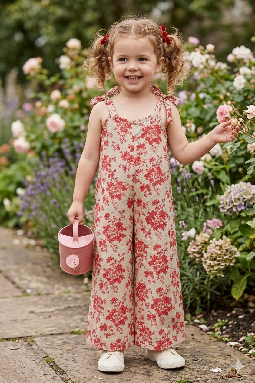 Floral-Print Sleeveless Jumpsuit with Tie-Shoulder Straps