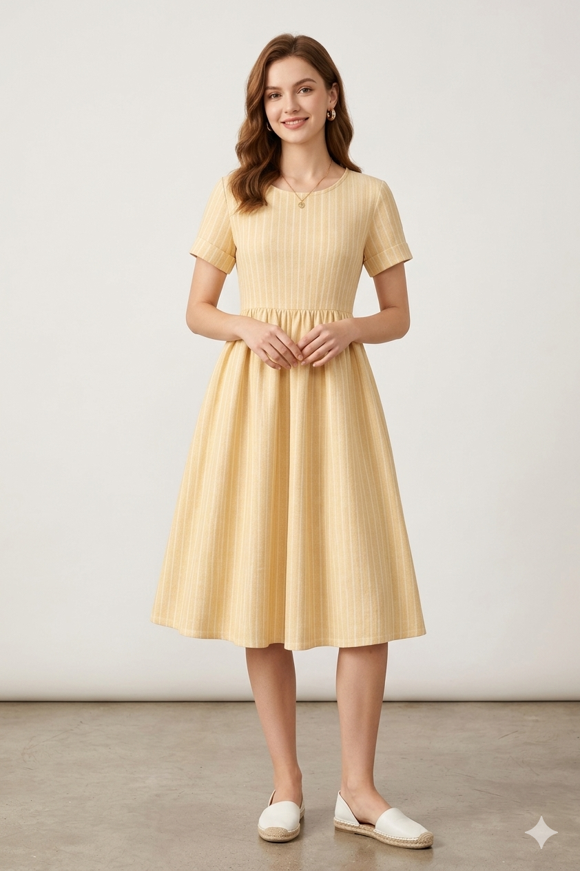 Elegant Beige Striped Midi Dress with Round Neckline &amp; Short Sleeves
