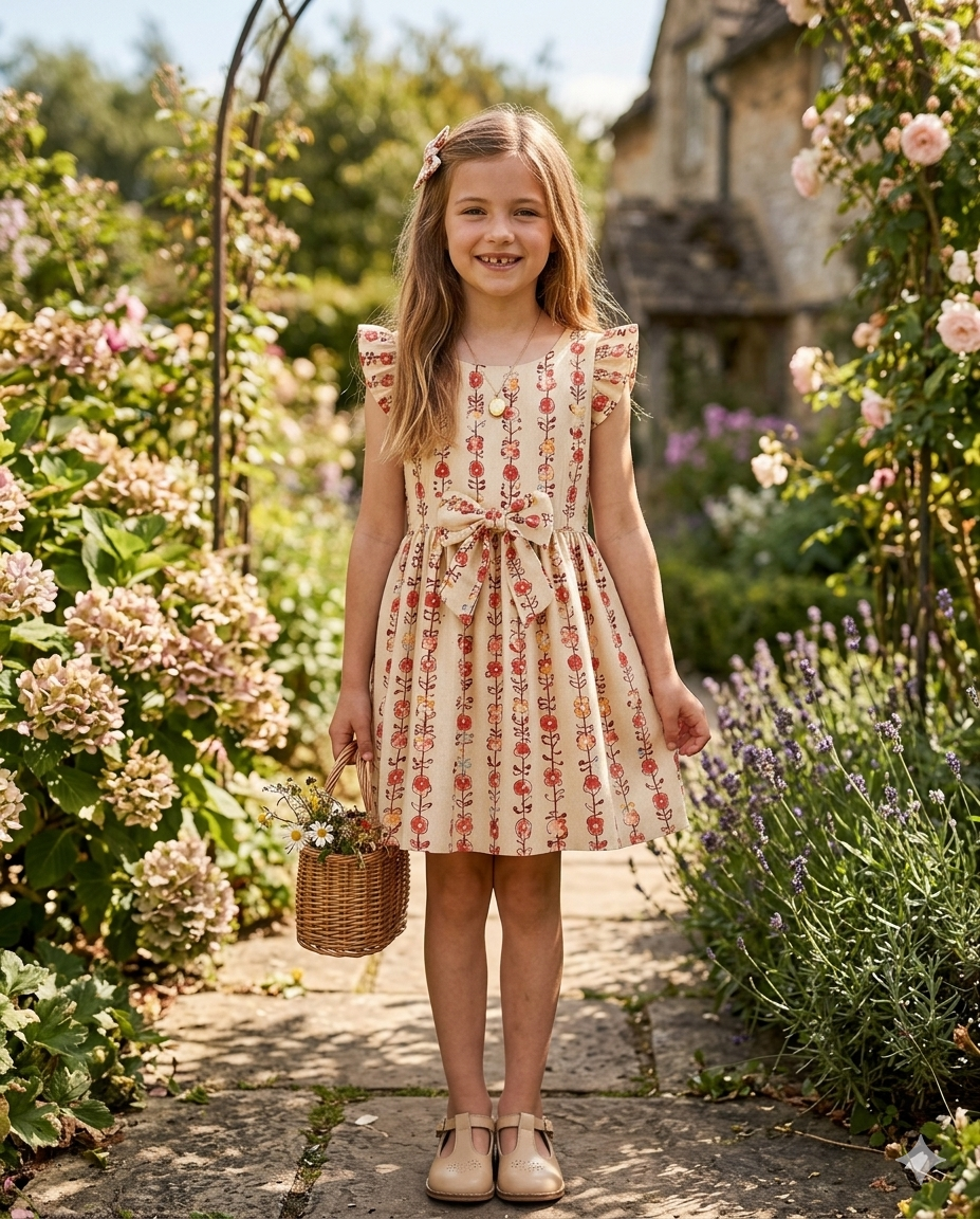 Charming Floral Girls' Dress Sewing Pattern with Flutter Sleeves and Tie-Waist