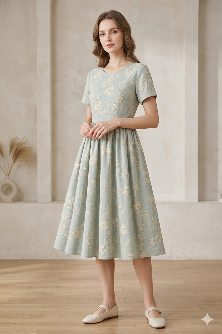 Elegant Sage Green Floral Midi Dress – Short Sleeves &amp; Round Neckline Pattern (PDF Sewing Tutorial)