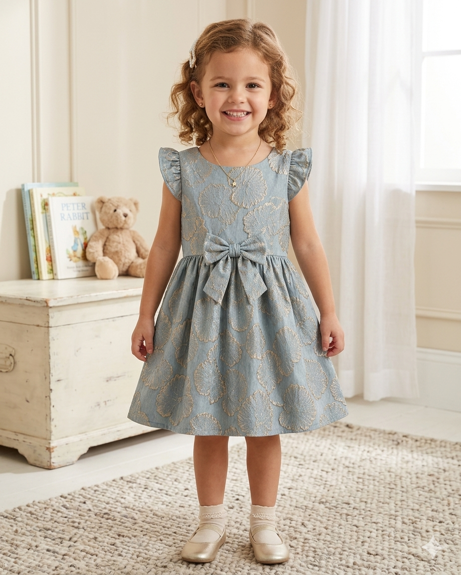 Blue Floral Girls' Dress Pattern with Flutter Sleeves and Bow