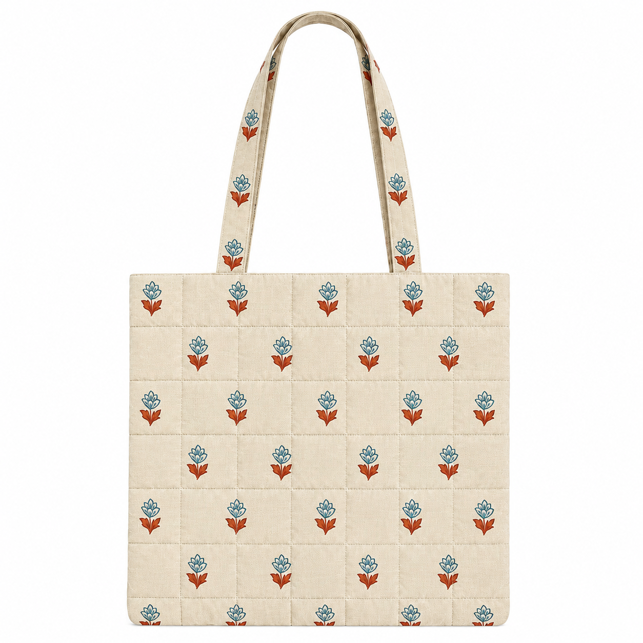 Quilted Cream Tote Bag with Dusty Blue Floral Pattern