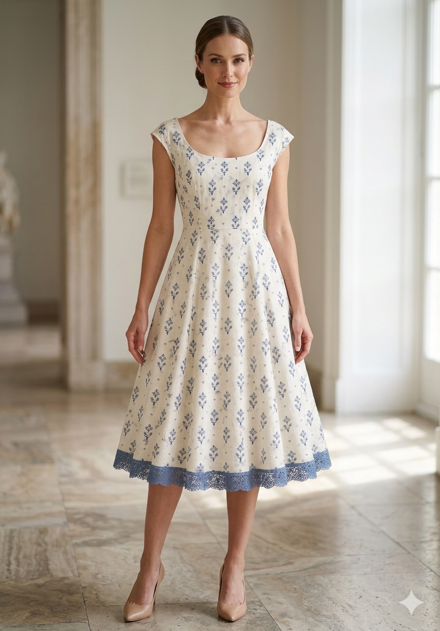 Cream A-line Midi Dress with Blue Floral Print and Scalloped Lace Hem Pattern
