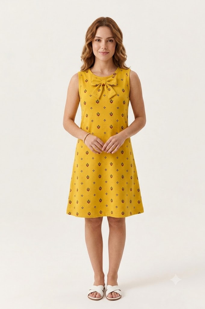 Yellow Sleeveless A-Line Dress Pattern with Bow Neckline and Floral Print