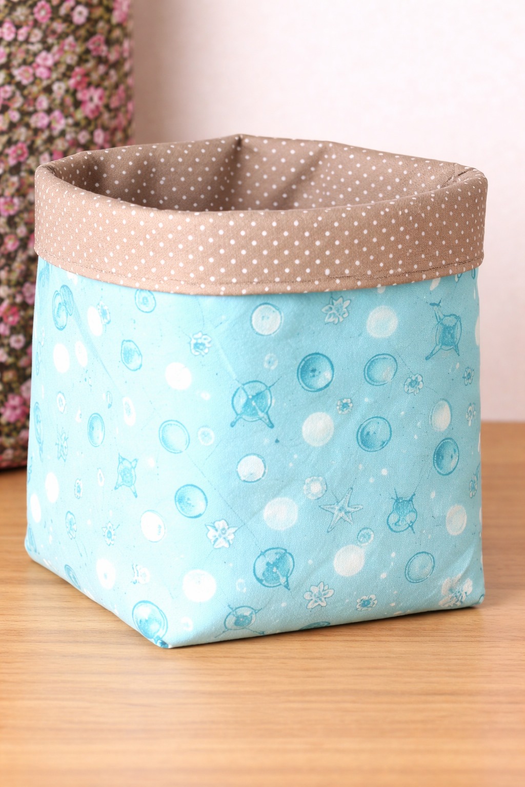 Blue Printed Fabric Storage Basket with Beige Polka-Dot Rim
