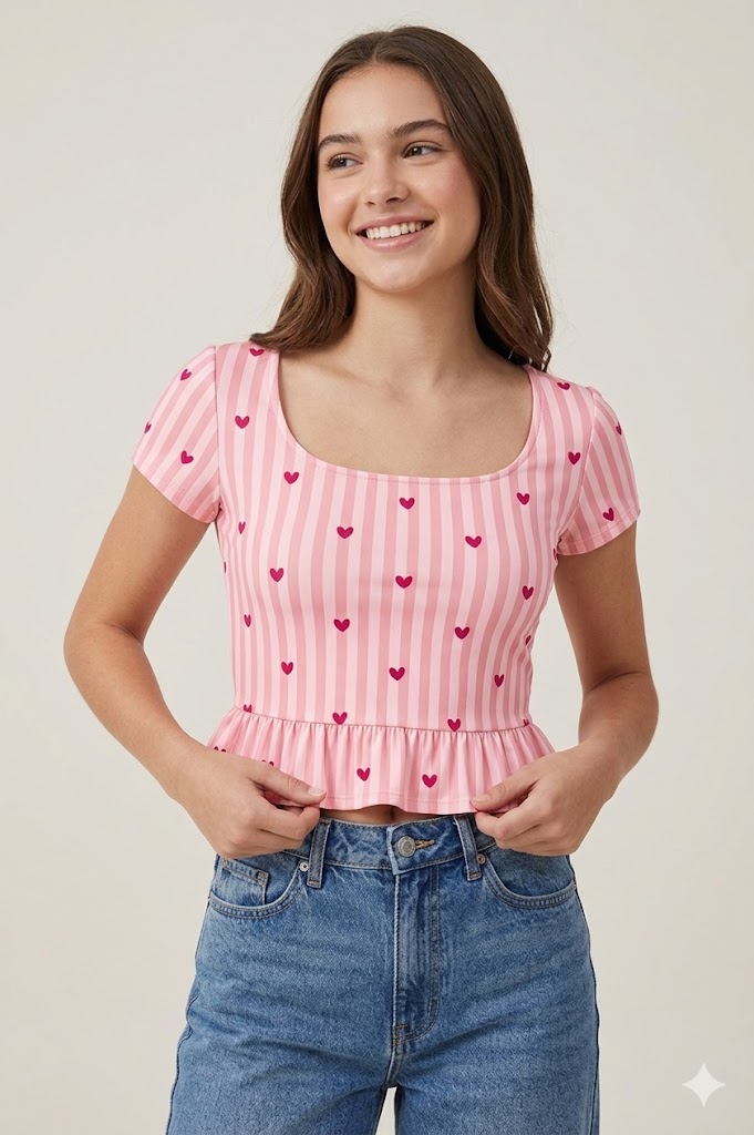 Pink Striped Crop Top with Heart Print and Peplum Hem Sewing Pattern