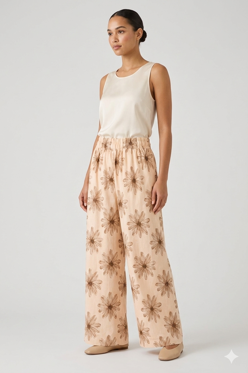 Peach Floral Wide-Leg Pants &amp; Cream Top Set Sewing Pattern