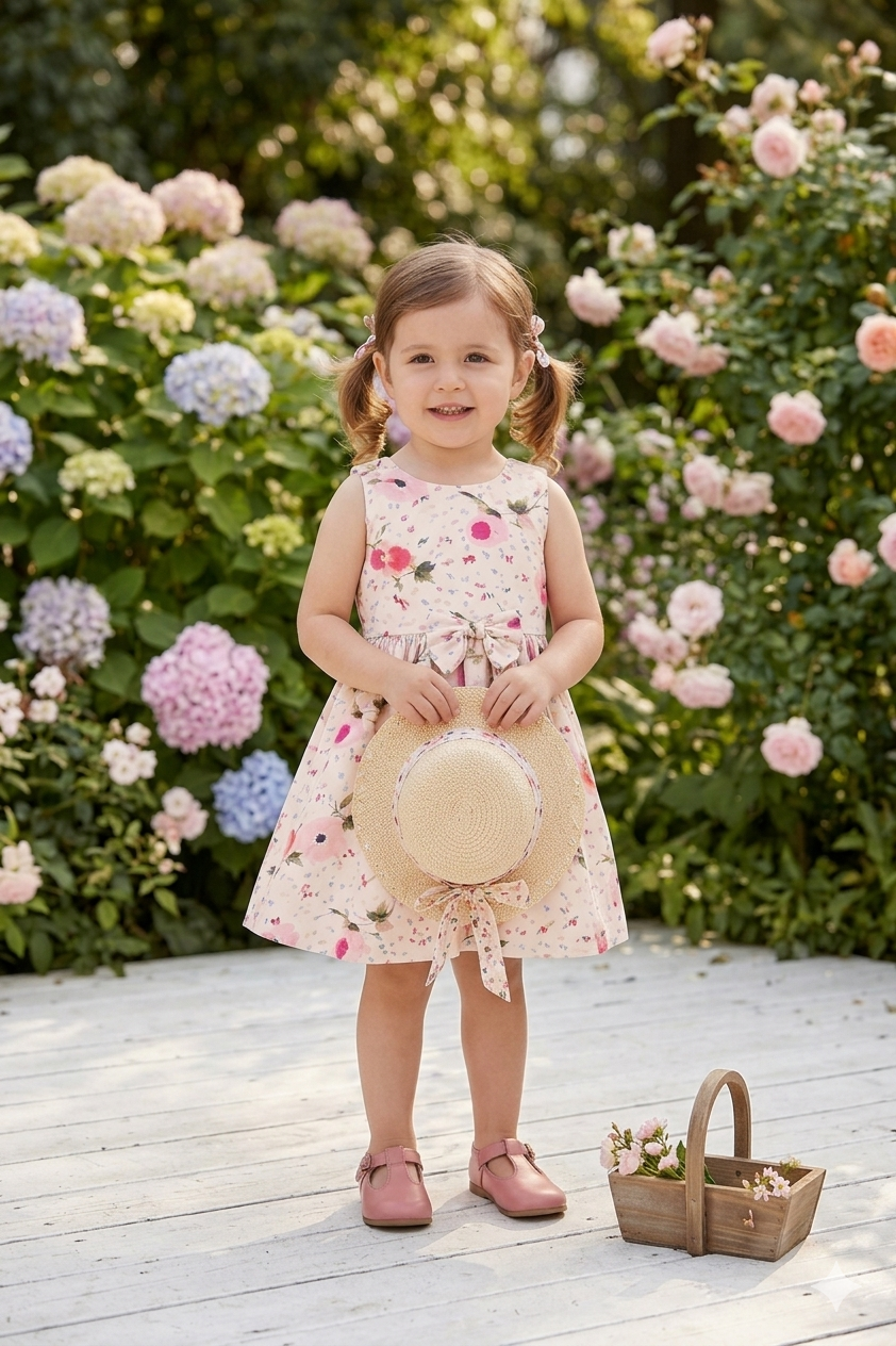 Spring Garden Girls' Dress Pattern - Floral Dress with Straw Hat