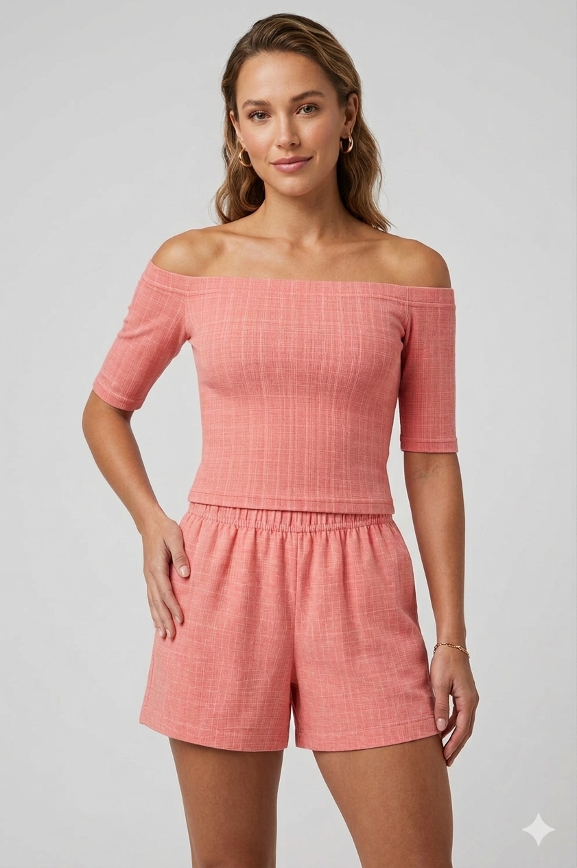 Coral Pink Off-Shoulder Two-Piece Set (Top + High-Waisted Shorts)
