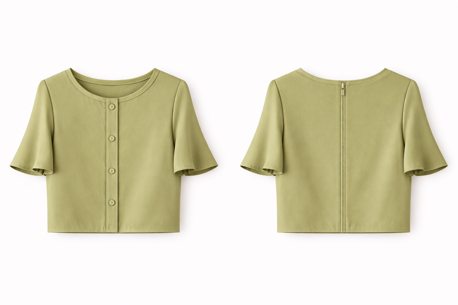Light Olive Green Cropped Blouse Pattern - Round Neck &amp; Flared Sleeves