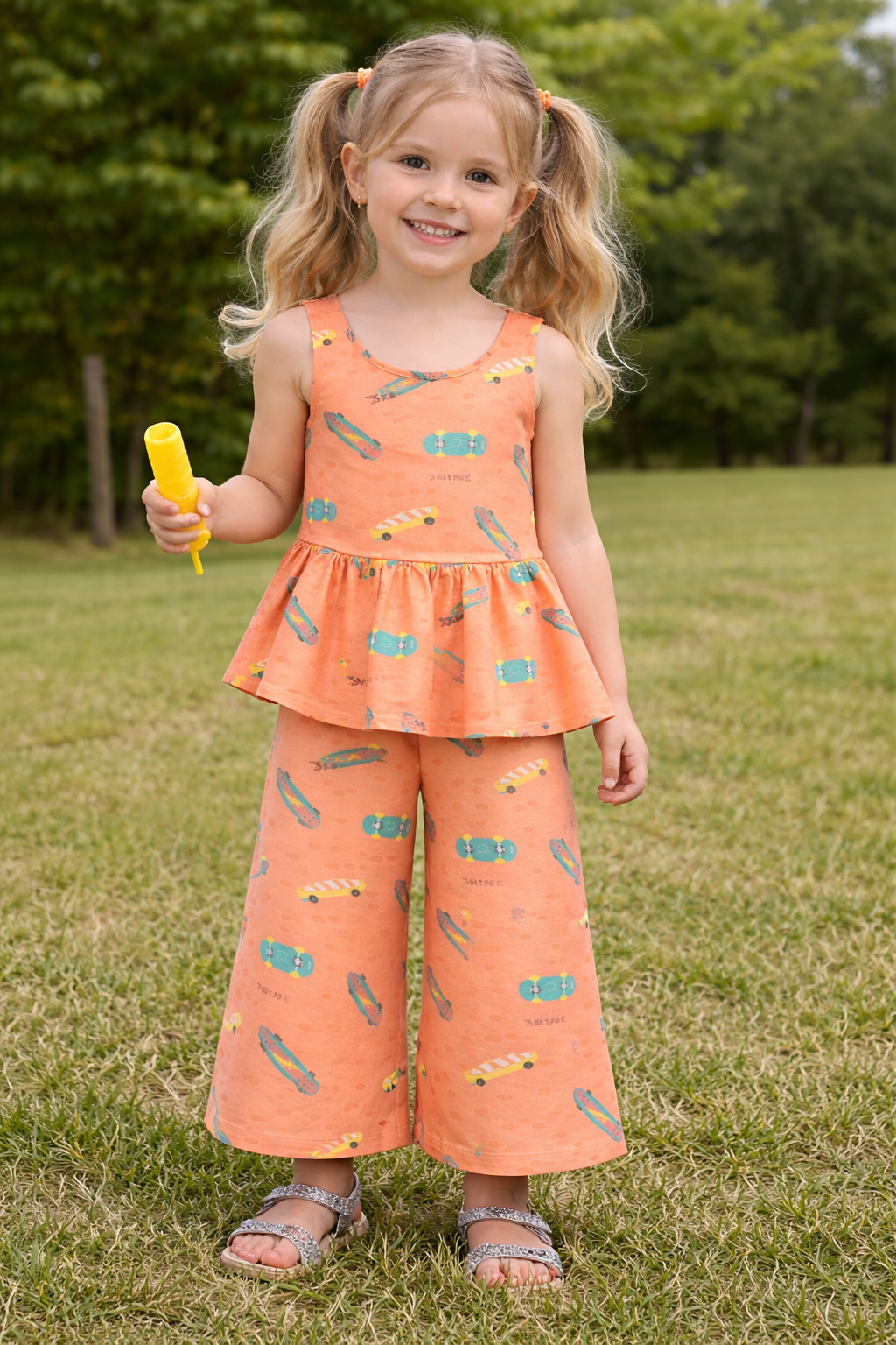Peach Girls' Sleeveless Peplum Top &amp; Wide-Leg Pants Sewing Pattern (Skateboard Print)
