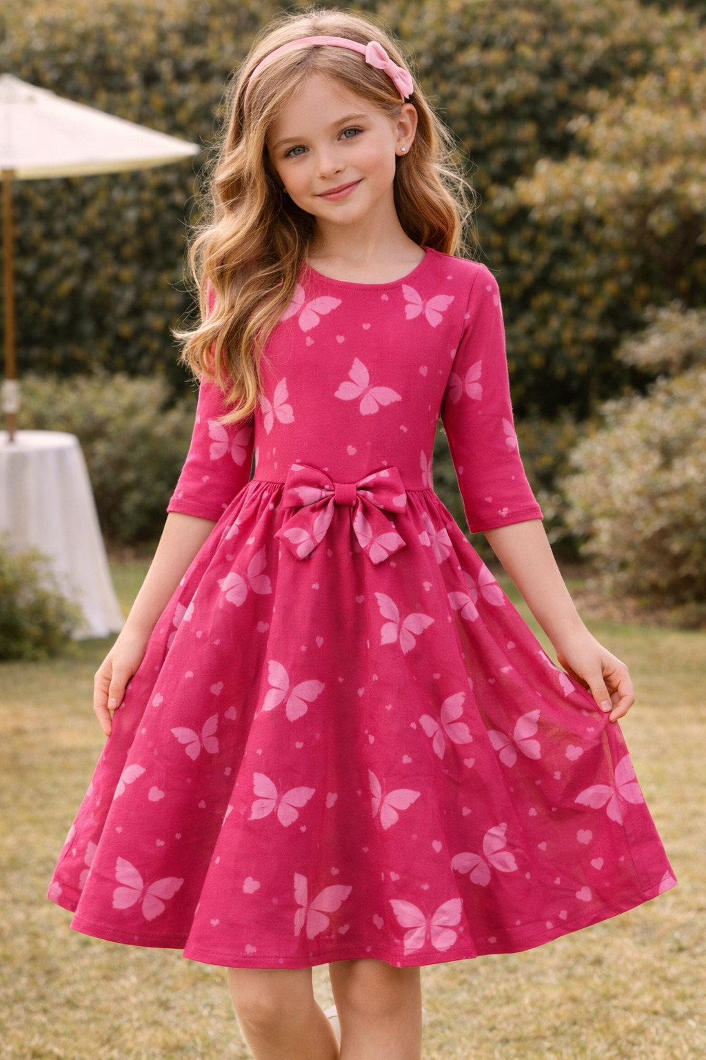 Butterfly Bliss Fit-and-Flare Dress Pattern (Girls) - Bright Pink with Bow Detail
