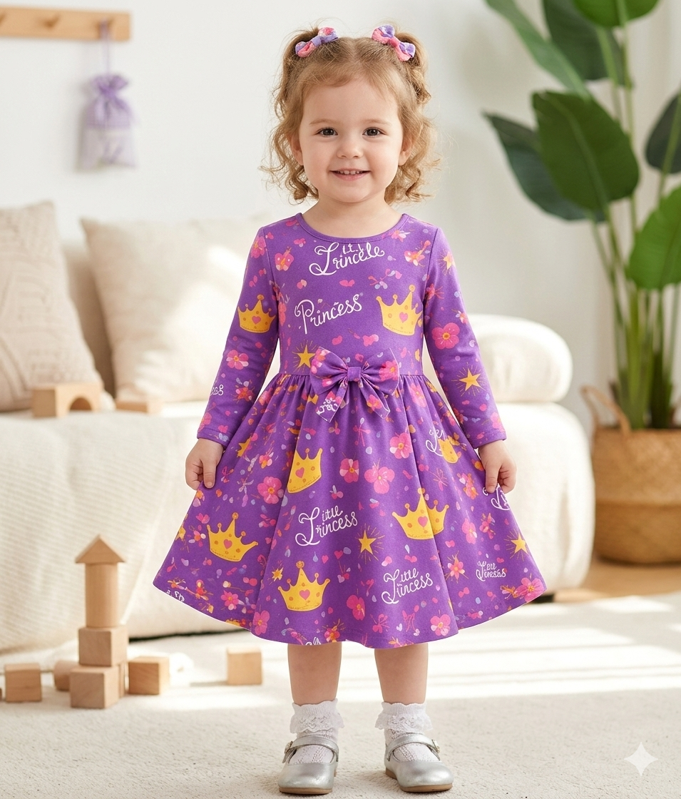 Purple Princess Fit-and-Flare Dress Pattern - Crowns &amp; Flowers Print with Waist Bow