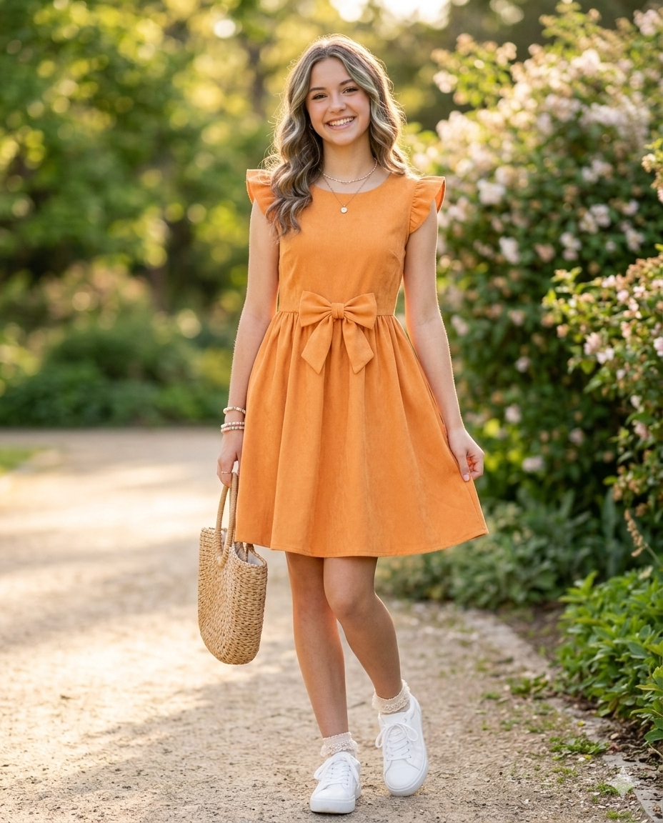 Mustard Orange Fit-and-Flare Dress with Bow Pattern