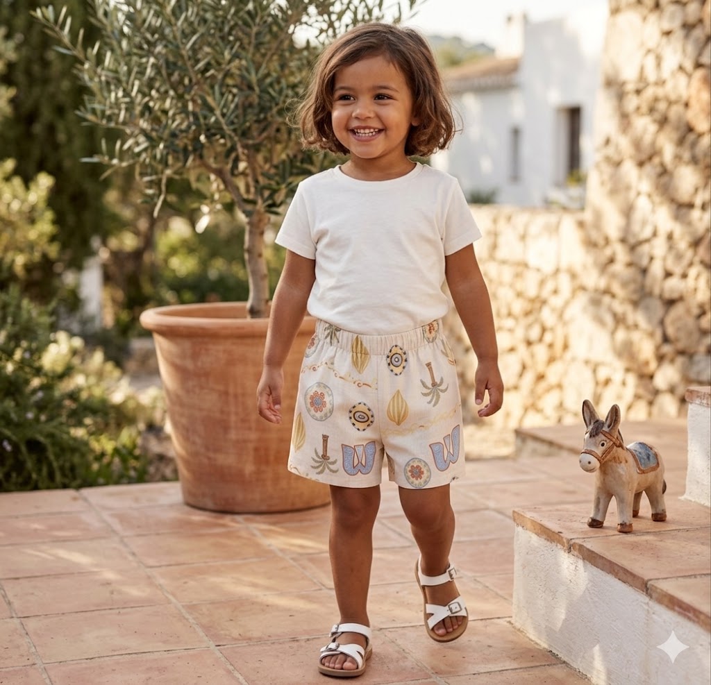 Classic Kids Casual Outfit: White T-Shirt &amp; Cream Printed Shorts