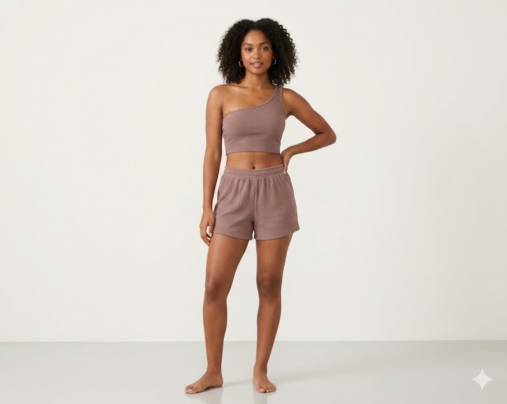 Ribbed One-Shoulder Crop Top &amp; Elastic-Waist Shorts Loungewear Set