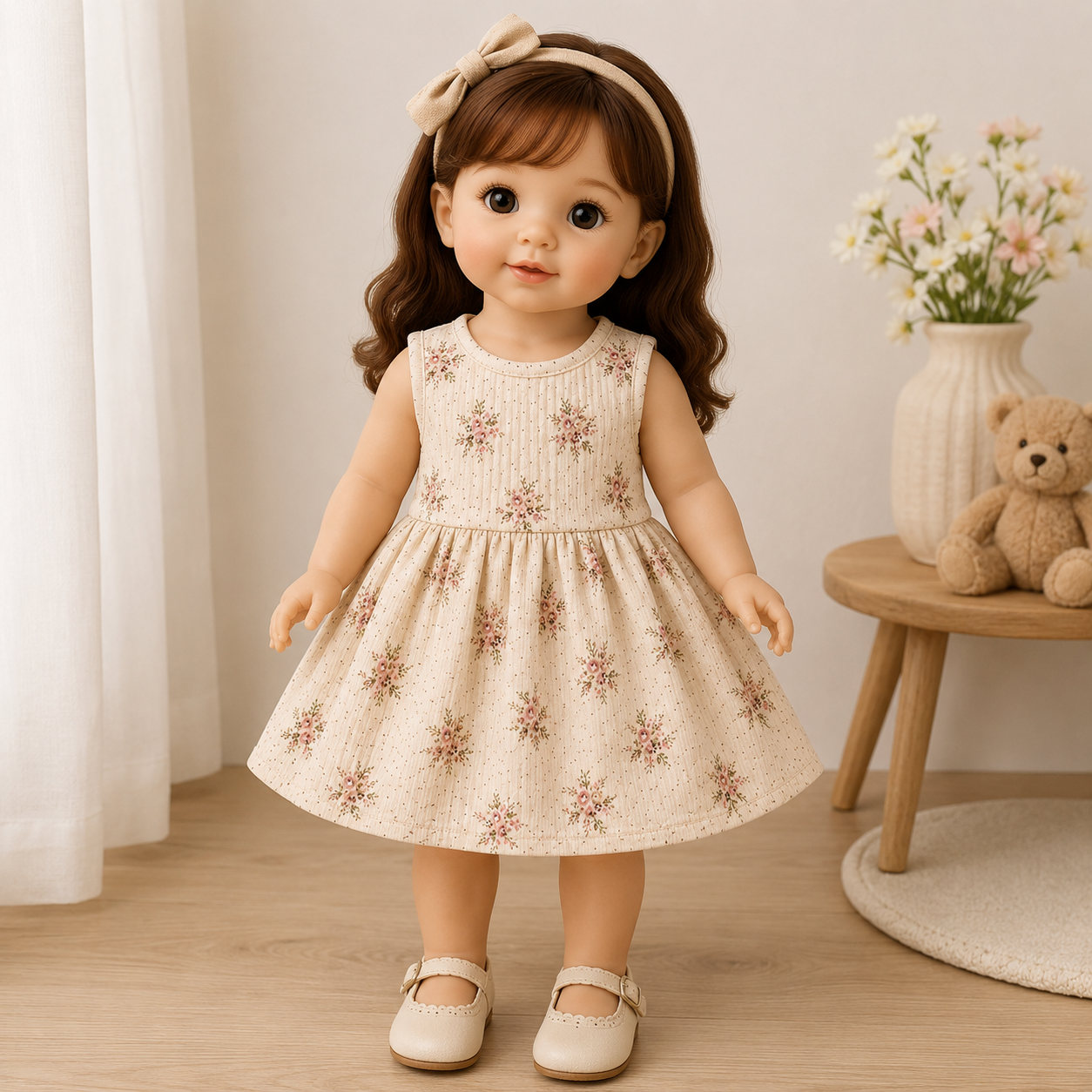 Sleeveless Cream Floral Dress with Bow Headband Sewing Pattern