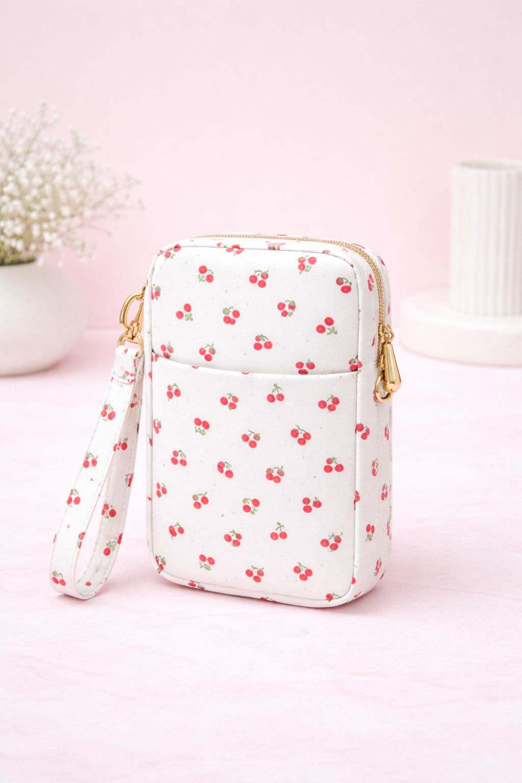 Cherry Zippered Pouch with Front Pocket and Wrist Strap