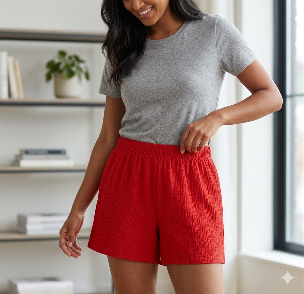 Effortless Casual Outfit Sewing Pattern: Gray Crew-Neck T-Shirt &amp; Red Elastic-Waist Shorts
