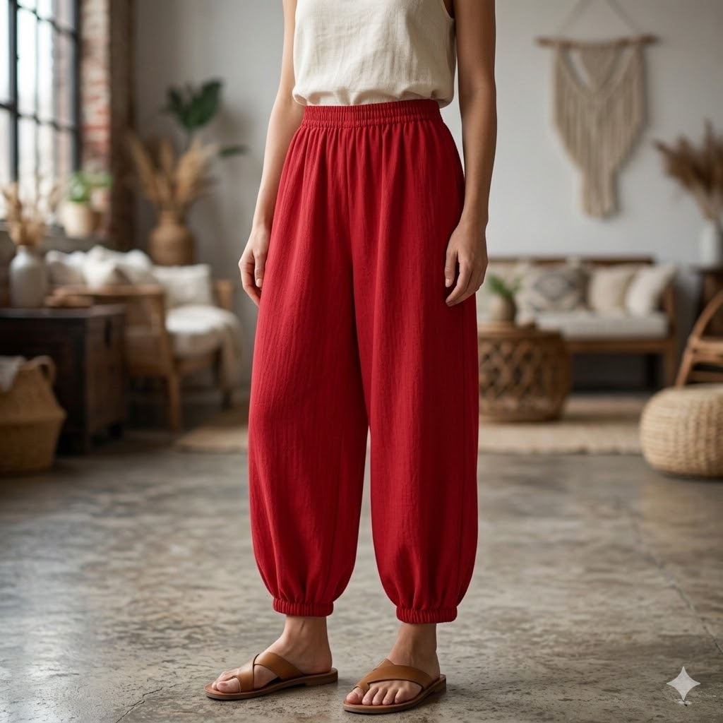 Red Harem Pants – Relaxed Fit with Elastic Waist &amp; Cuffed Ankles