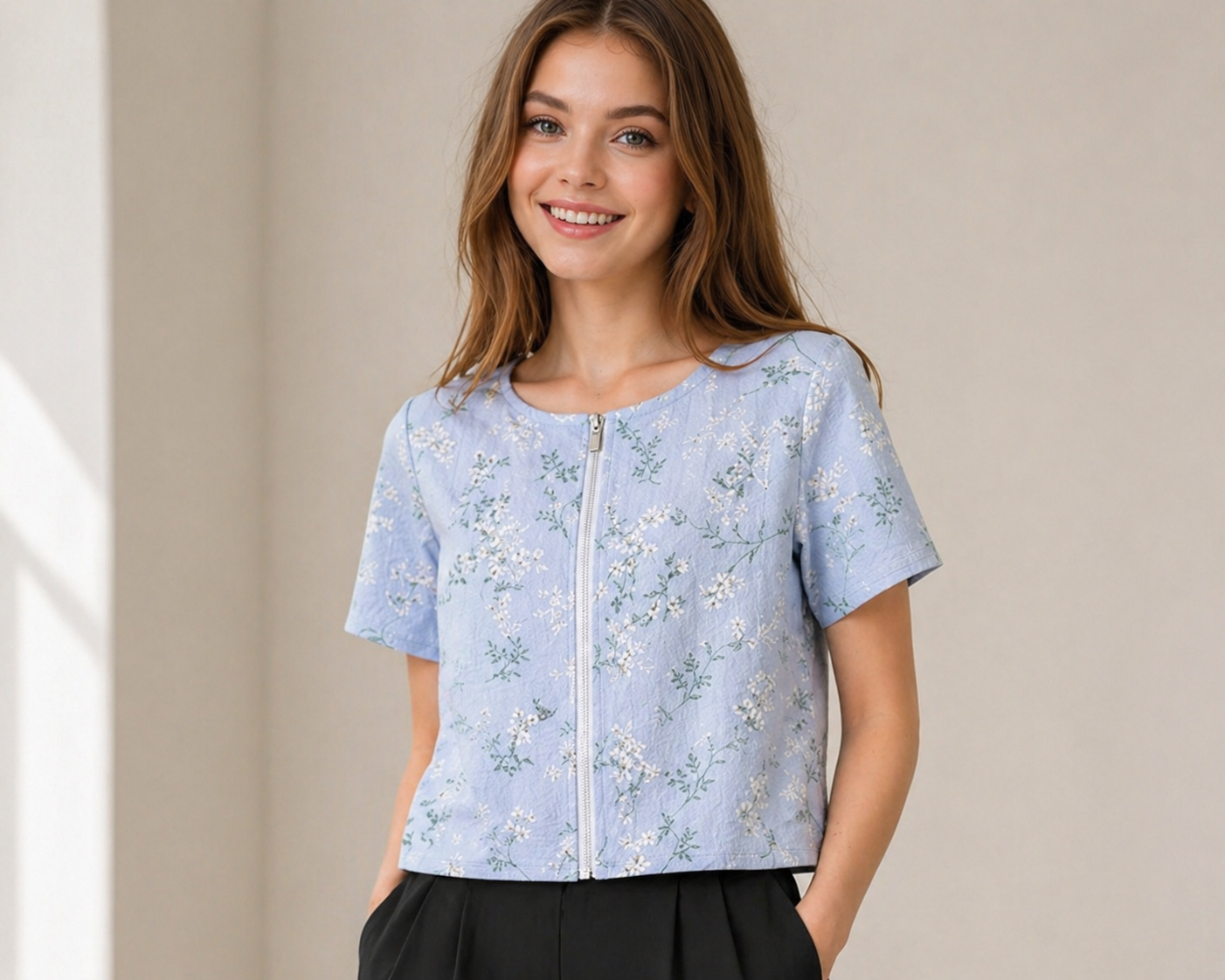 Light Blue Floral Zip-Front Top Sewing Pattern