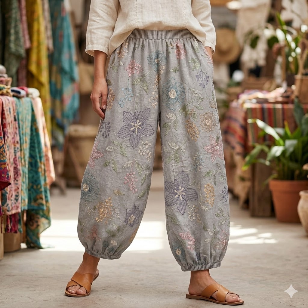 Relaxed-Fit Gray Floral Harem Pants with Elastic Waistband and Cuffed Ankles