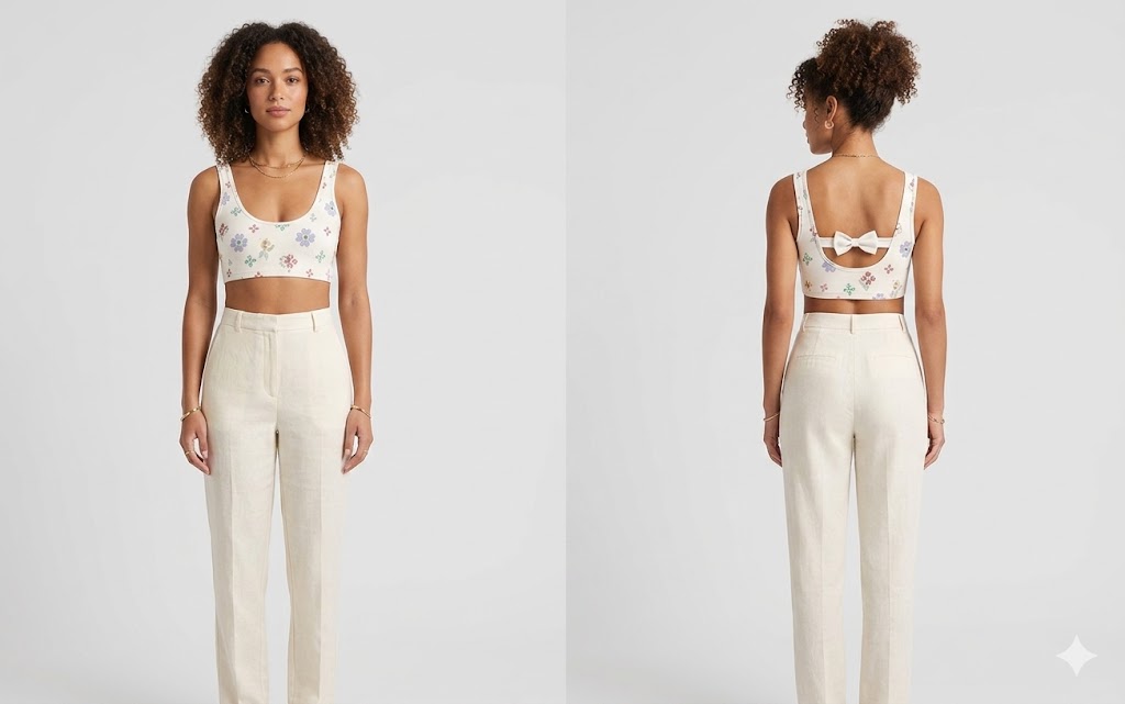 White Floral Crop Top with Bow-Back Detail