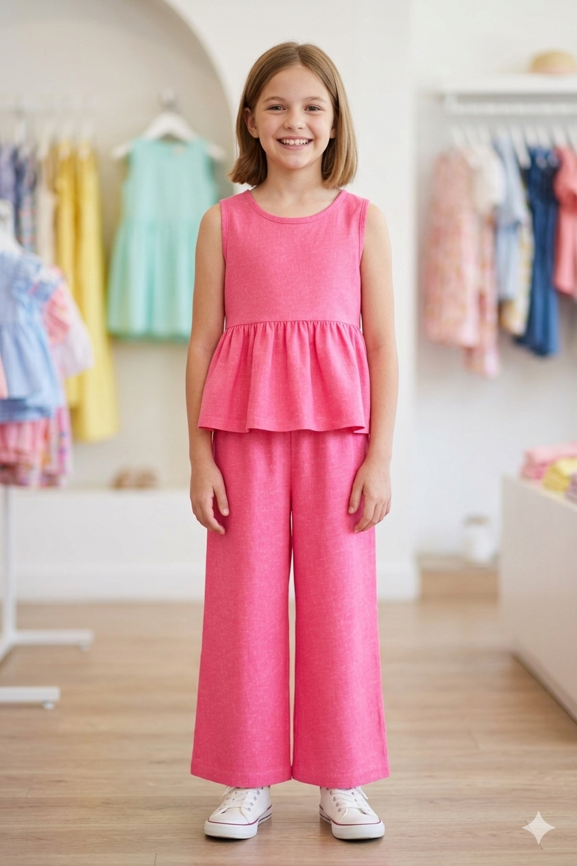 Bright Pink Sleeveless Peplum Top &amp; Wide-Leg Pants Set