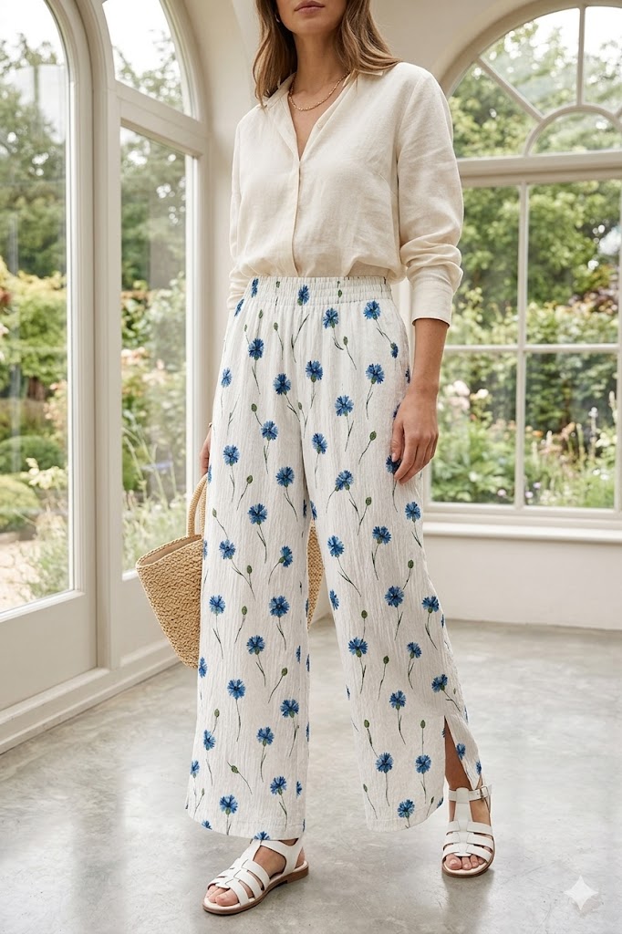 White Wide-Leg Pants with Blue Floral Print - Sewing Pattern