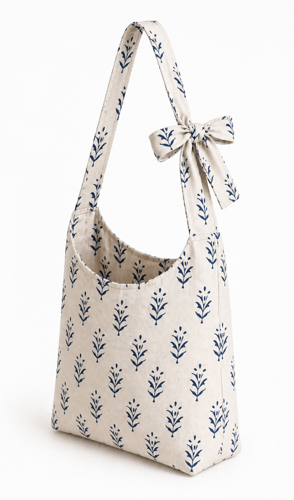 Cream Canvas Botanical Shoulder Tote with Adjustable Tie-Strap