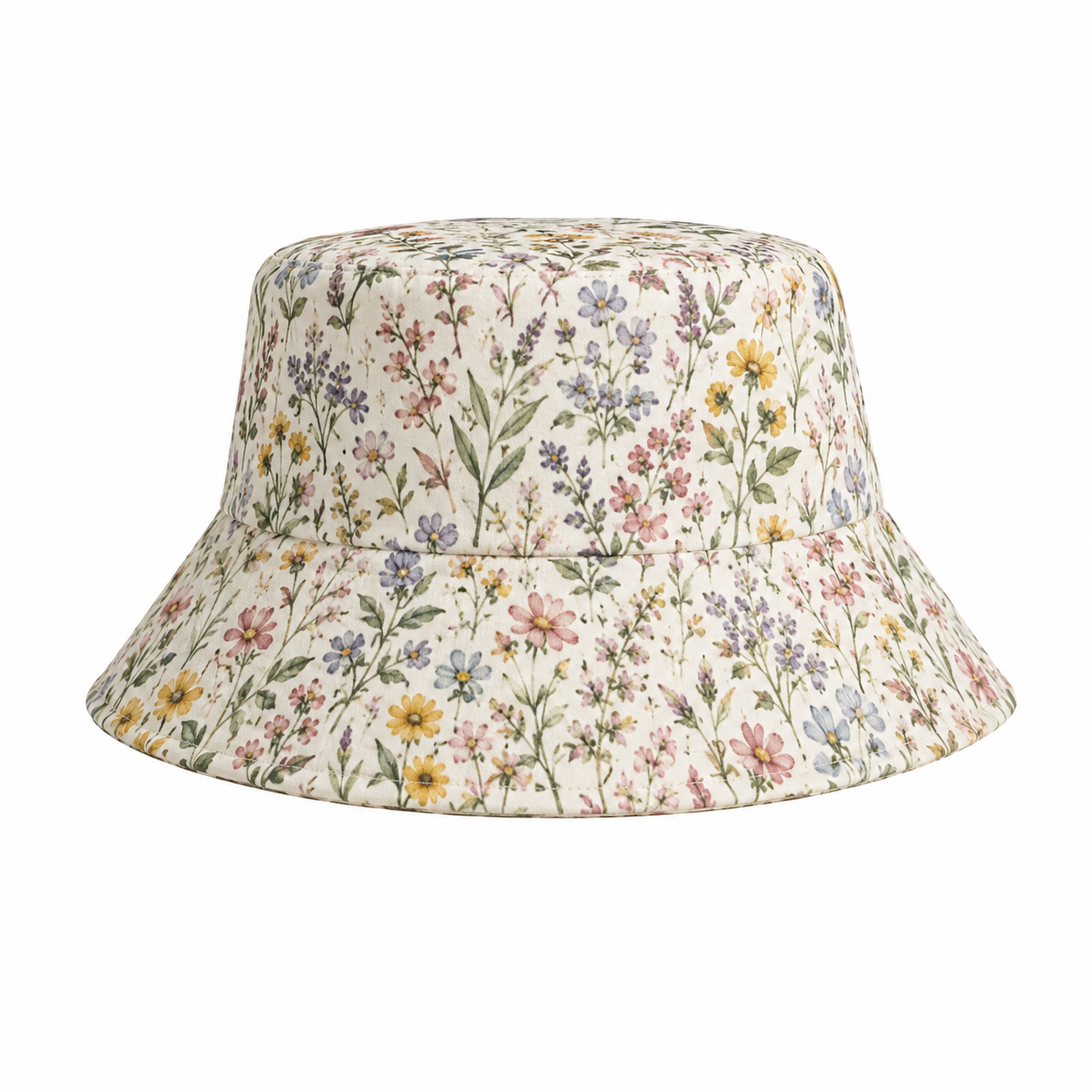 Charming Cream Bucket Hat with All-Over Floral Print and Wide Brim