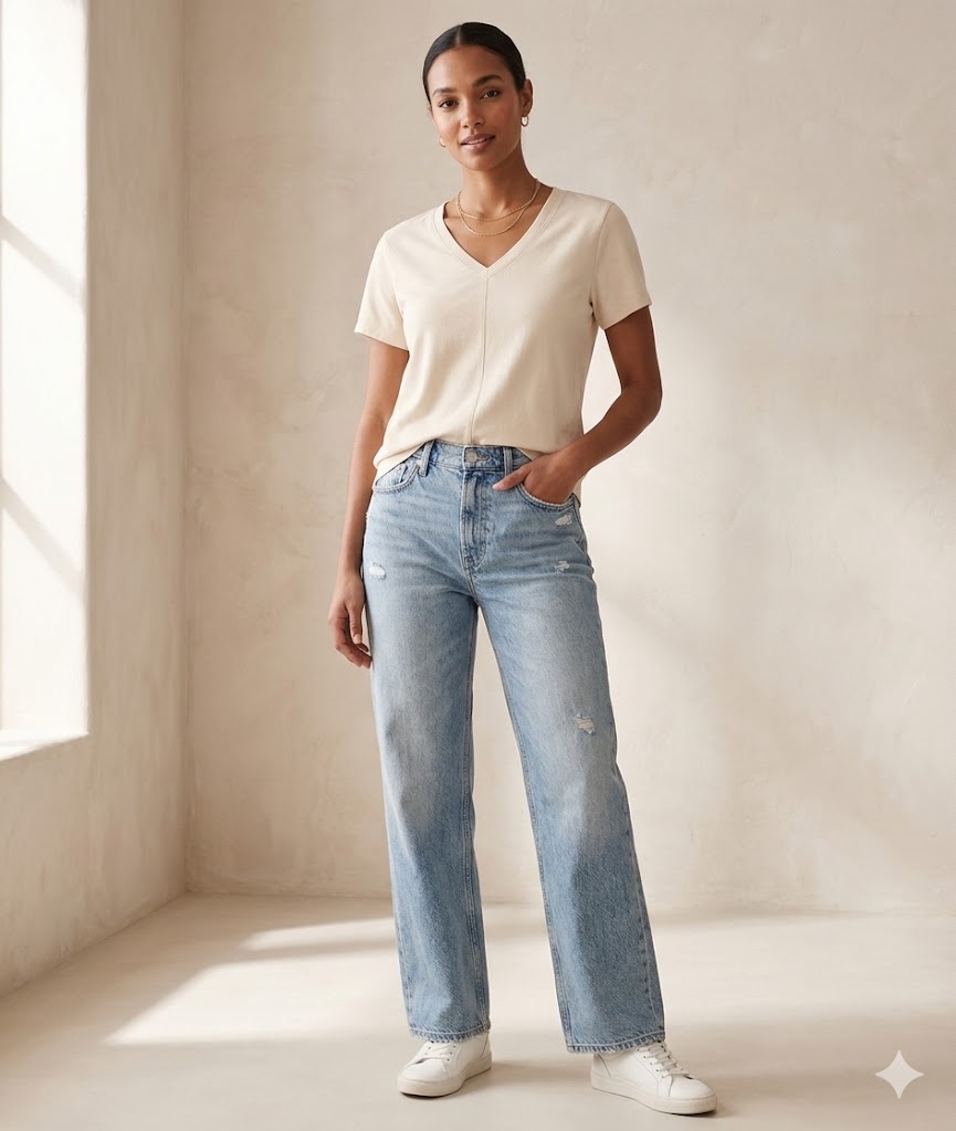 Casual Outfit Sewing Pattern: V-Neck T-Shirt &amp; Wide-Leg Jeans