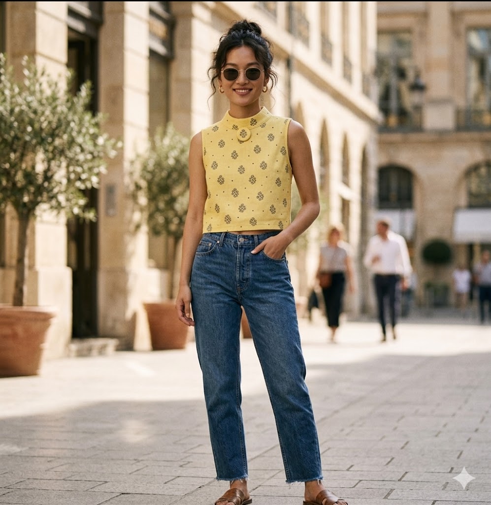 Sunlit City Style: Yellow Printed Top &amp; High-Waisted Jeans Sewing Pattern
