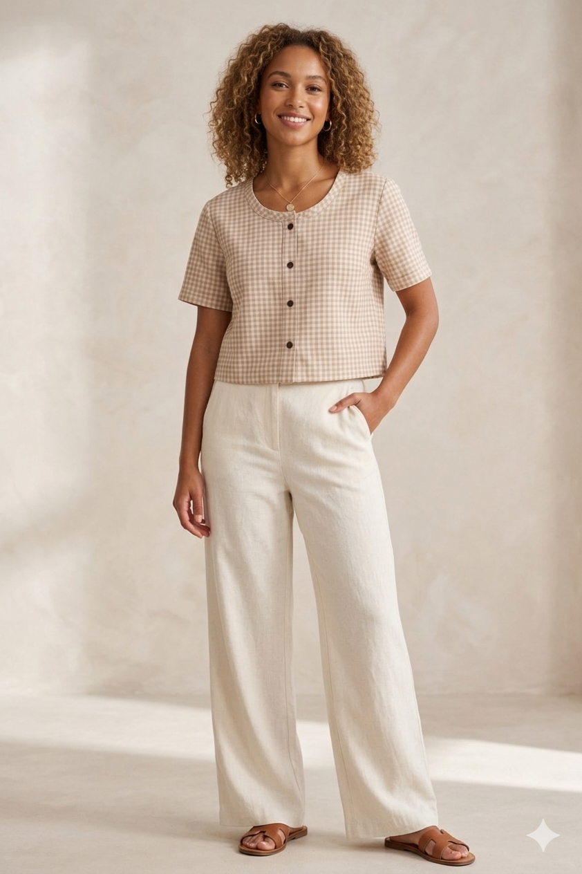 Beige Checkered Button-Front Top &amp; Cream Wide-Leg Pants Sewing Pattern