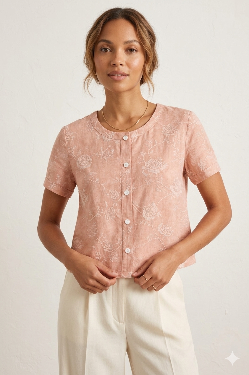 Blush Floral Button-Front Blouse &amp; Cream Pants Sewing Pattern