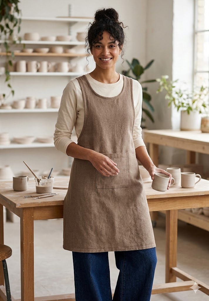 Beige Linen Apron Sewing Pattern – Pottery Studio Style