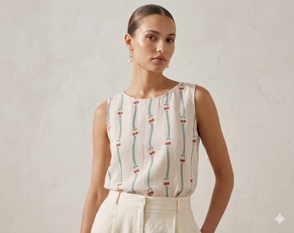 Cherry Blossom Sleeveless Blouse &amp; High-Waisted Pants Sewing Pattern