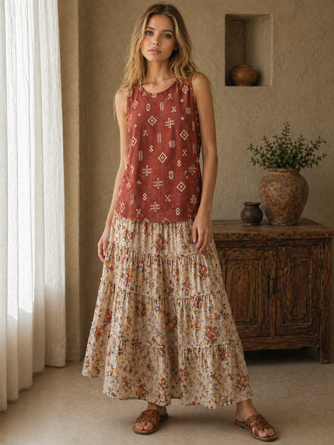 Boho Rust Print Top &amp; Floral Maxi Skirt Set