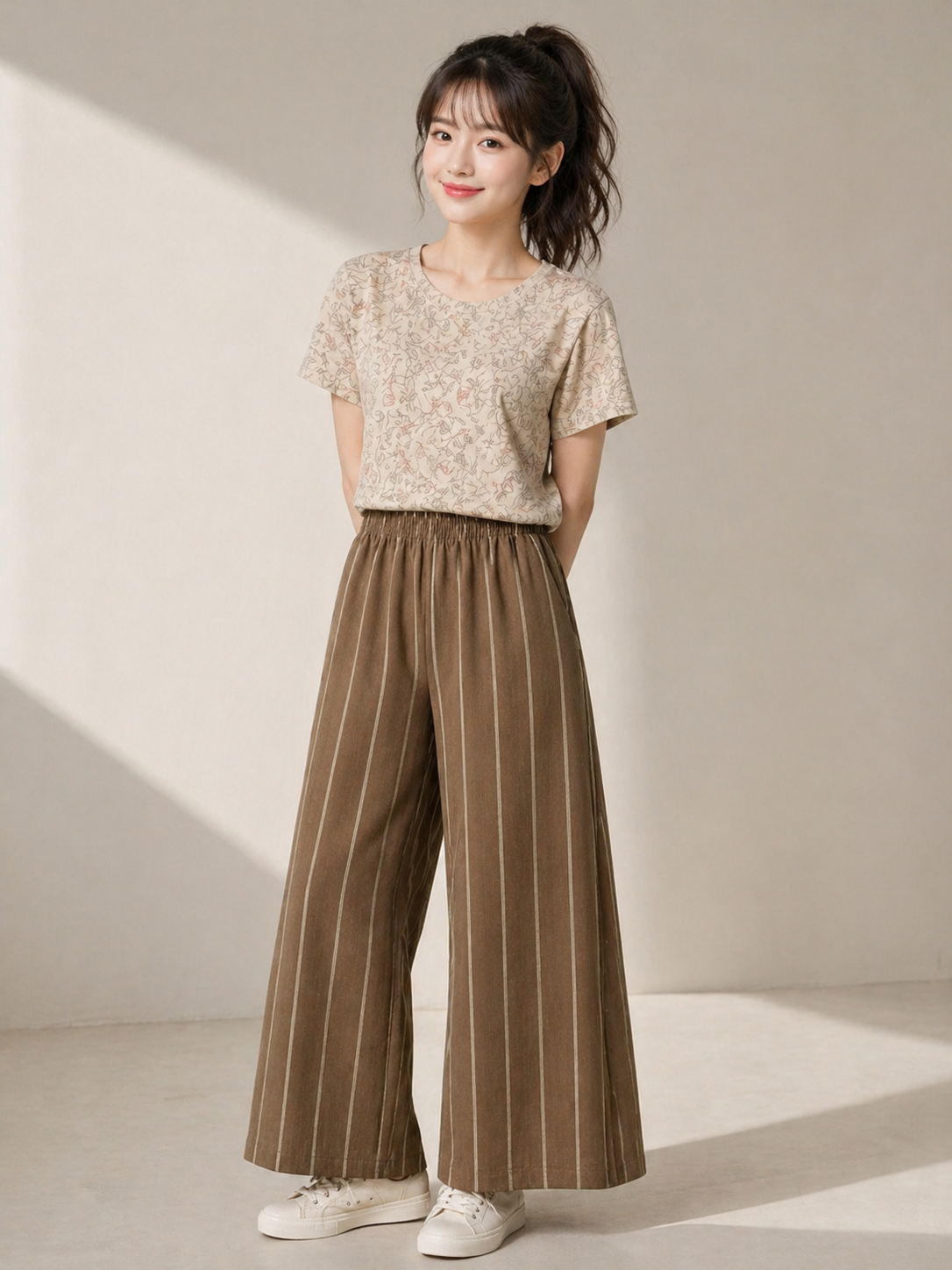 Casual Beige Print Tee &amp; Brown Stripe Wide-Leg Pants Sewing Pattern