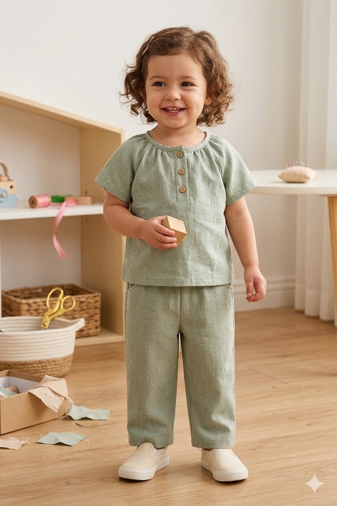 Sage Green Toddler Button-Front Top and Pants Set Sewing Pattern