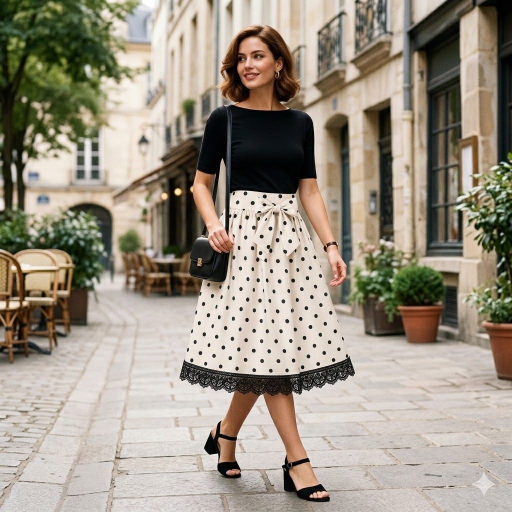 Chic Polka Dot Midi Skirt &amp; Fitted Top Outfit