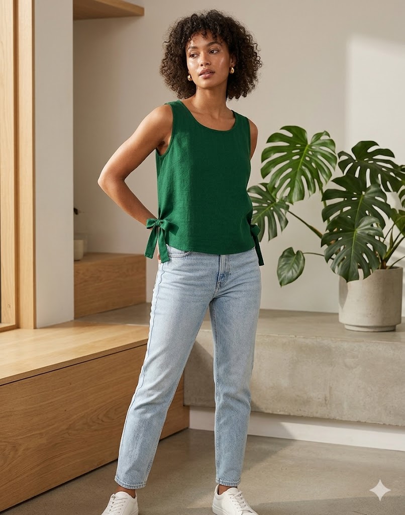 Emerald Green Sleeveless Top with Side Tie Details – Sewing Pattern