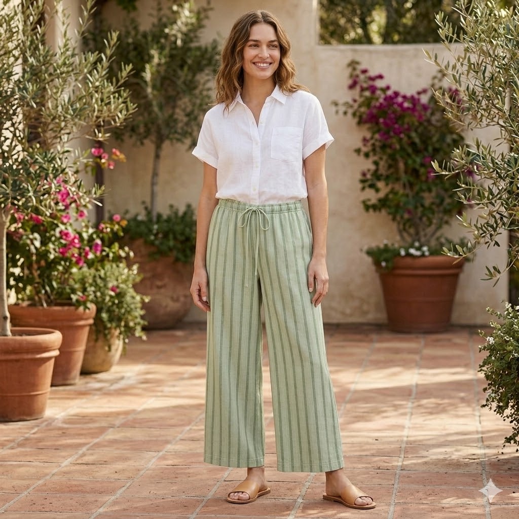 Sage Green Striped Wide-Leg Pants Sewing Pattern