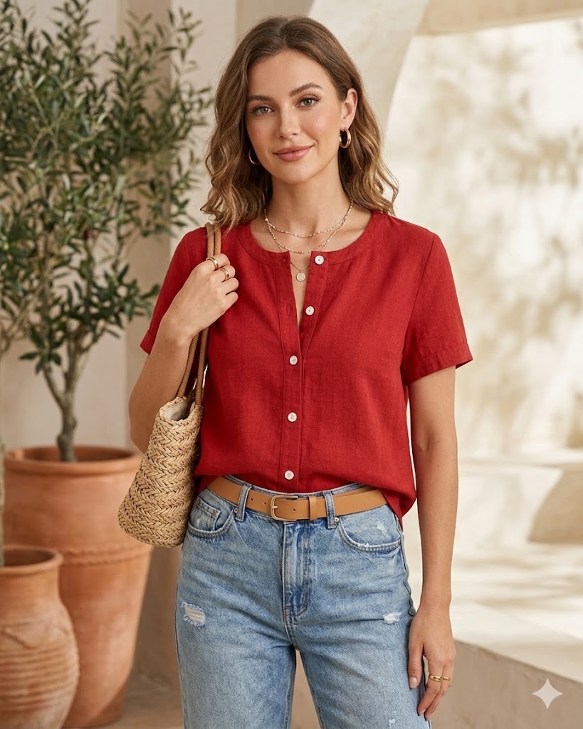 Classic Red Button-Front Blouse Sewing Pattern